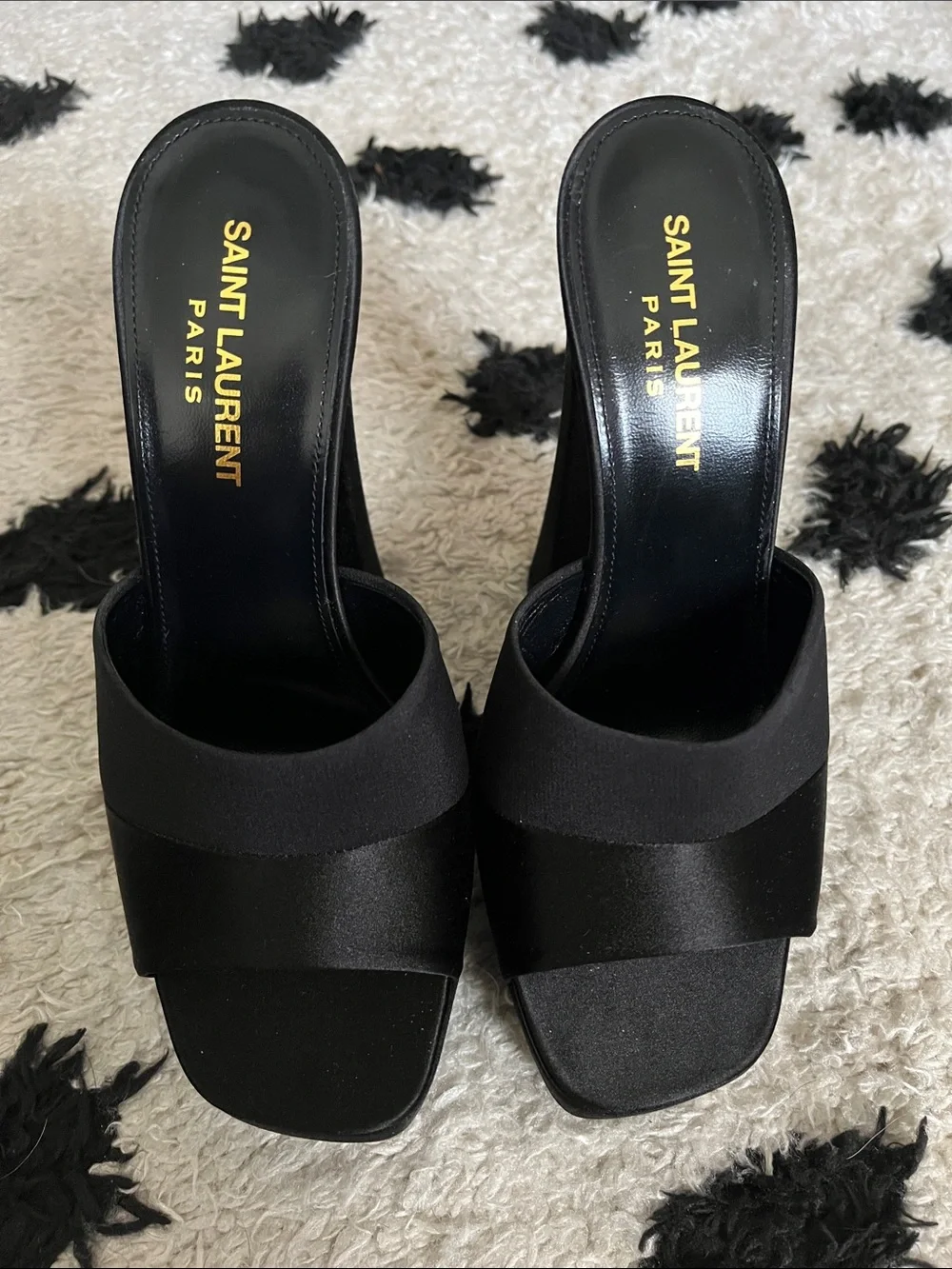 Saint Laurent size 7 Boogie 110 Black Satin Platform Mule Heels new